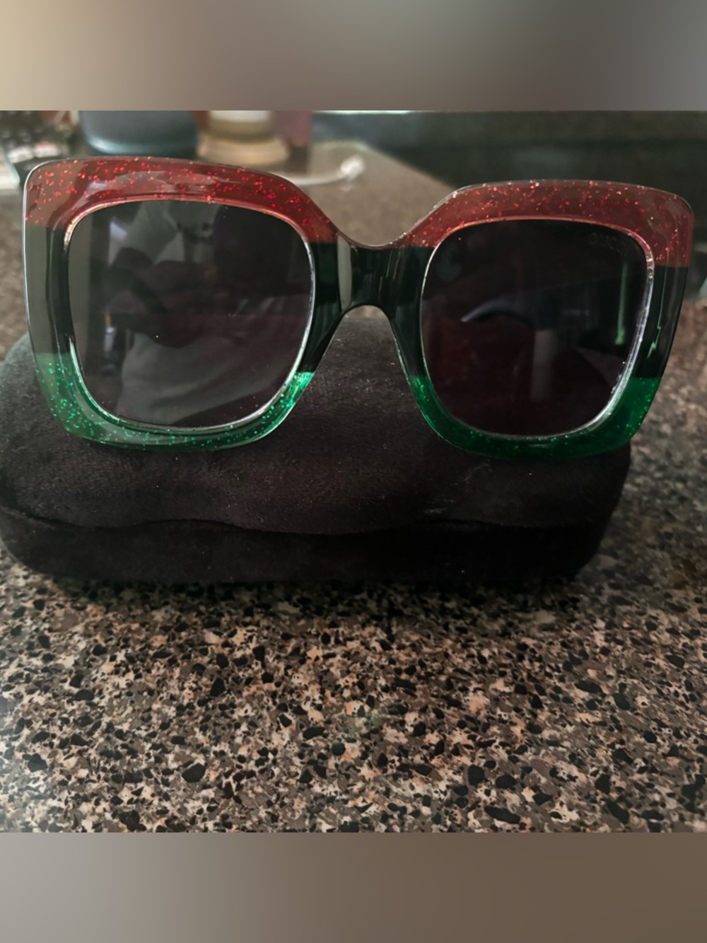 Gucci Red and Green Glitter Square Sunglasses